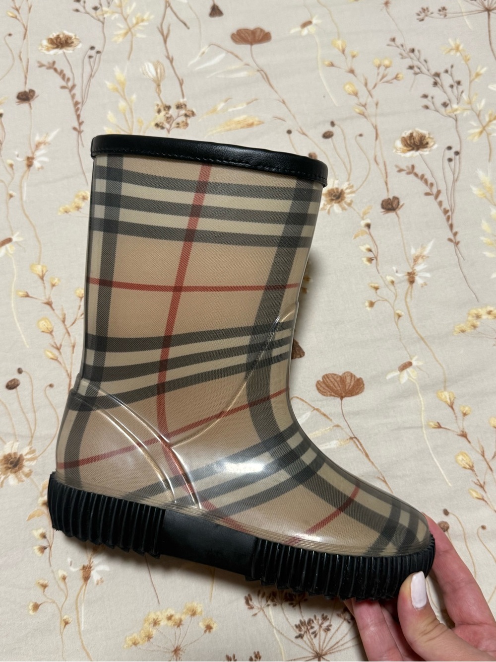 Burberry Kids Beige Plaid Rain Boot with Black Trim